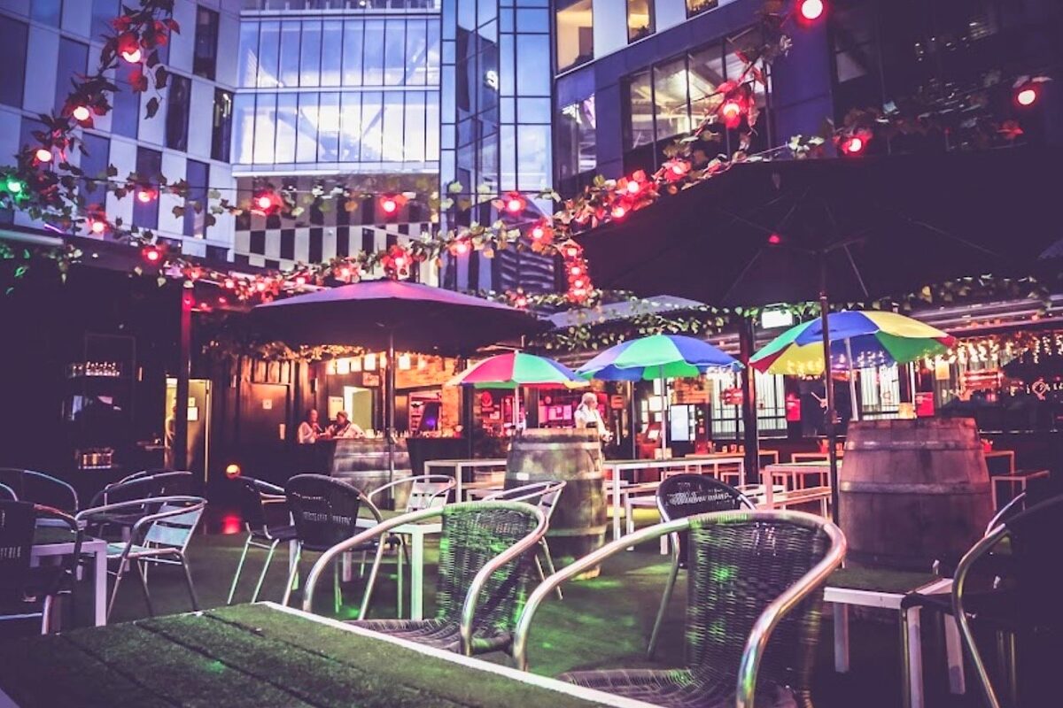 The TopYard rooftop at night: striped umbrellas and barrel tables on the open-air terrace, strung with festoon lights beneath the surrounding CBD towers